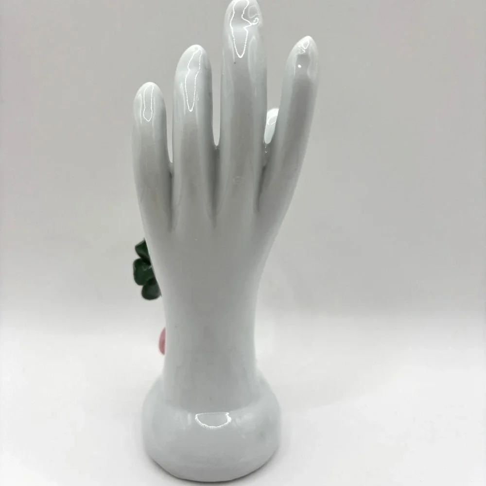 Vintage Porcelain Hand Bud Vase Ring Holder Pink Roses Hand Painted EUC